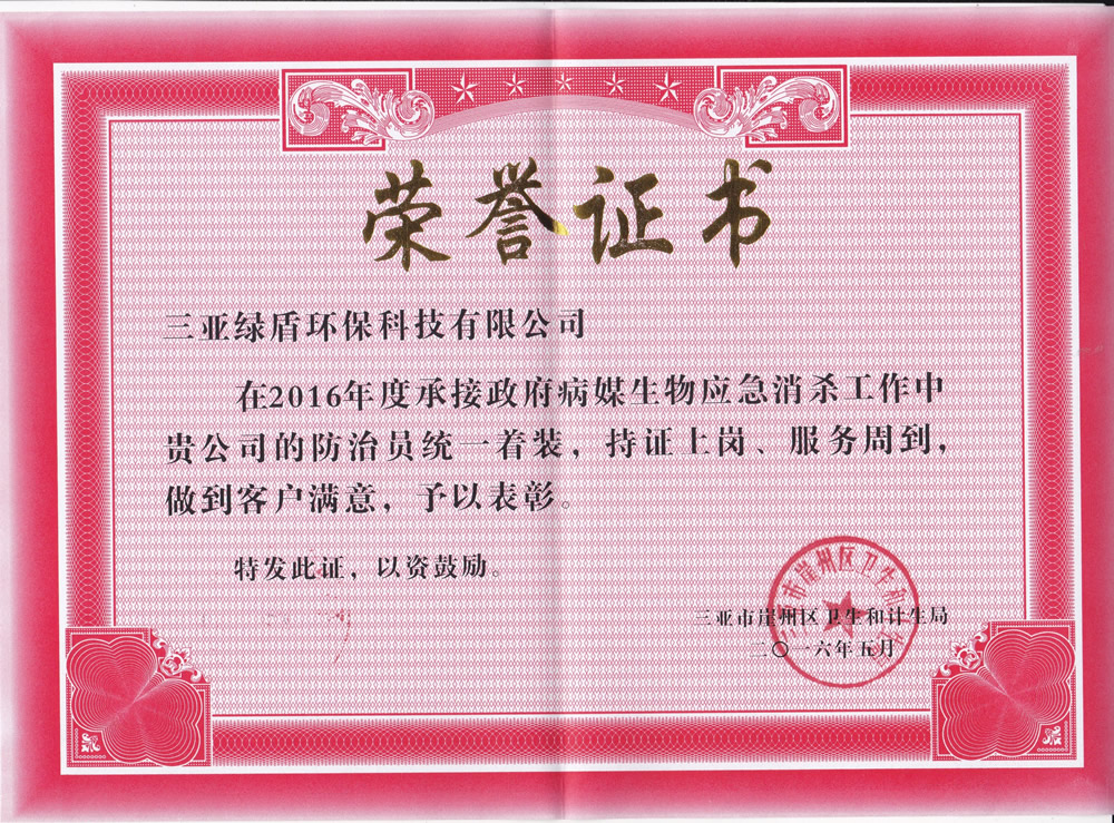 2016年政府颁发的荣誉证书